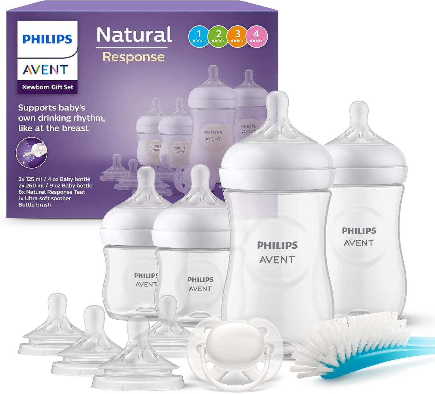 Philips Avent Kit Biberons Pour Nouveau-Né – 4 Biberons, 2 Tétines, Sucette Ultra-Douce Et Goupillon, Pour Les Bébés Âgés De 0 À 12 Mois (Modèle SCD838/13)