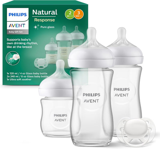 Philips Avent Kit Biberons En Verre Pour Nouveau-Né – 3 Biberons À Réponse Naturelle, Sucette Ultra-Douce 0 À 6 Mois, Sans BPA (Modèle SCD878/11)